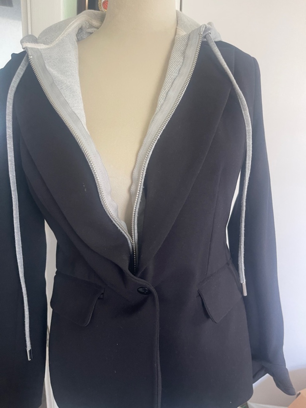Black Blazer with Built-In Gray Hoodie Layer
